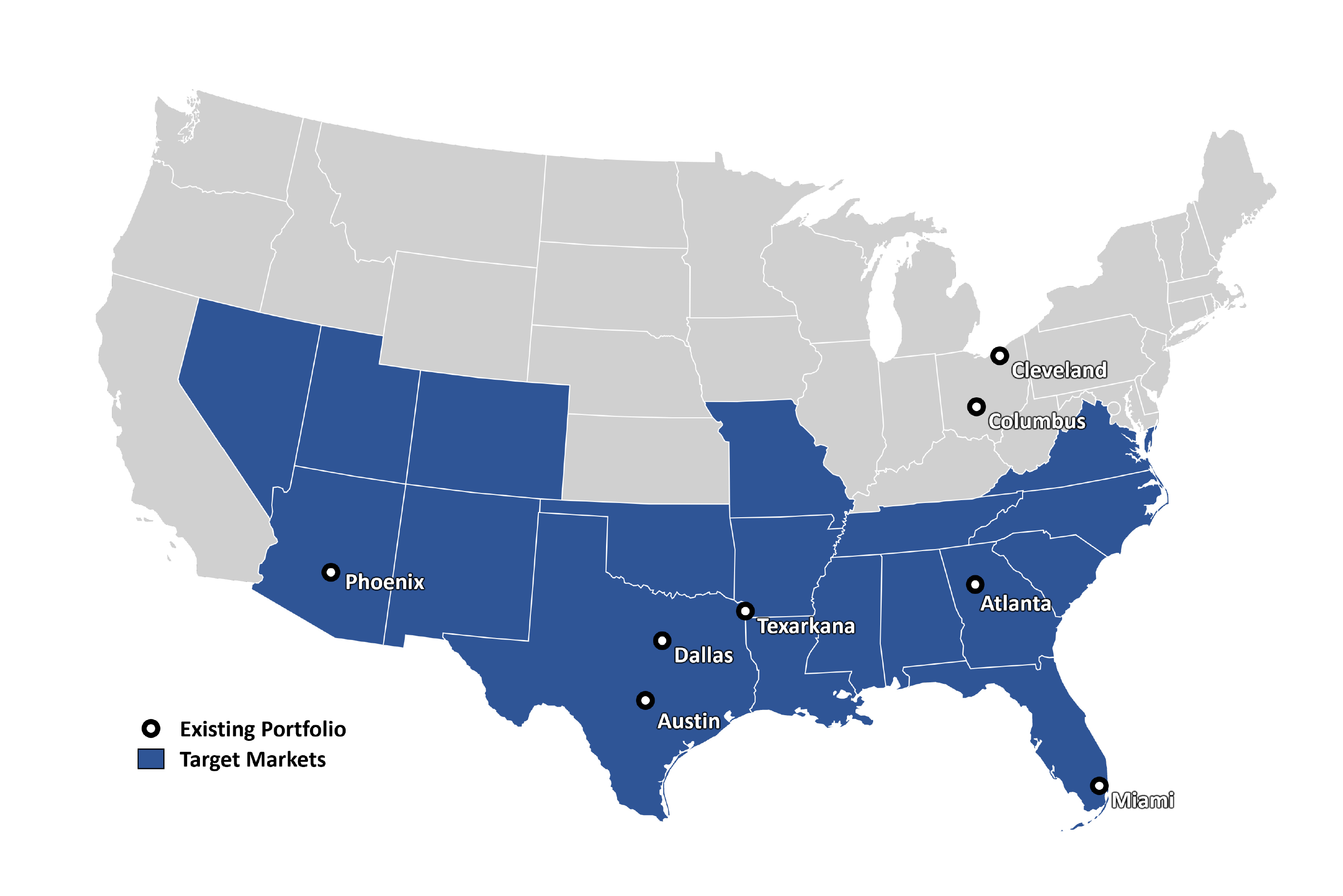 CAMCO target geography map showing Southwest and Southeast United States with existing portfolio locations in Phoenix, Dallas, Austin, Atlanta, Texarkana, Cleveland, Columbus, and Miami